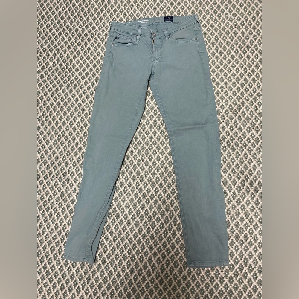 AG Stevie slim straight jeans from Anthro. Light gray/turquoise color.